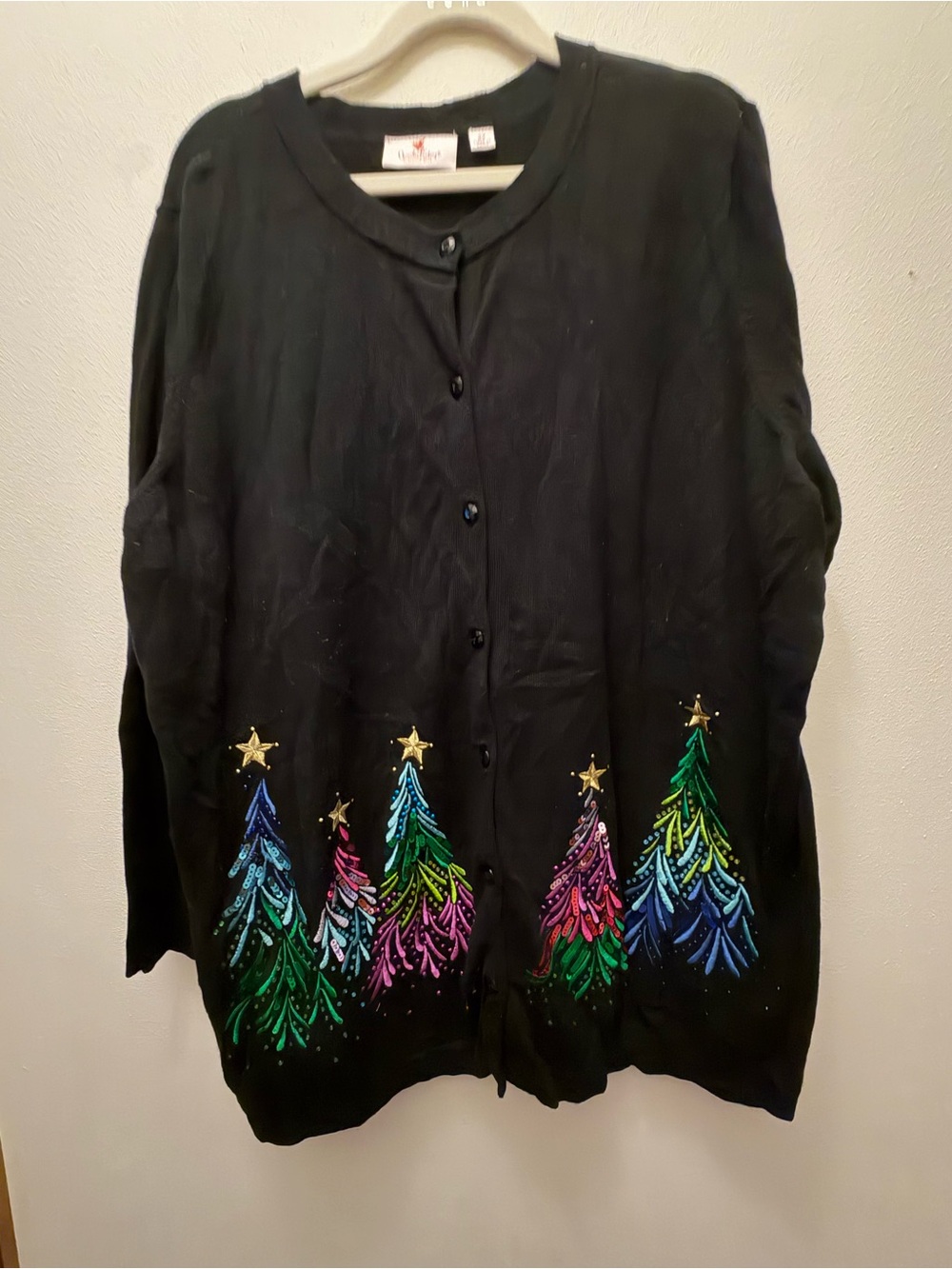 Quacker Factory Black Cardigan with Multicolor Embroidered Trees